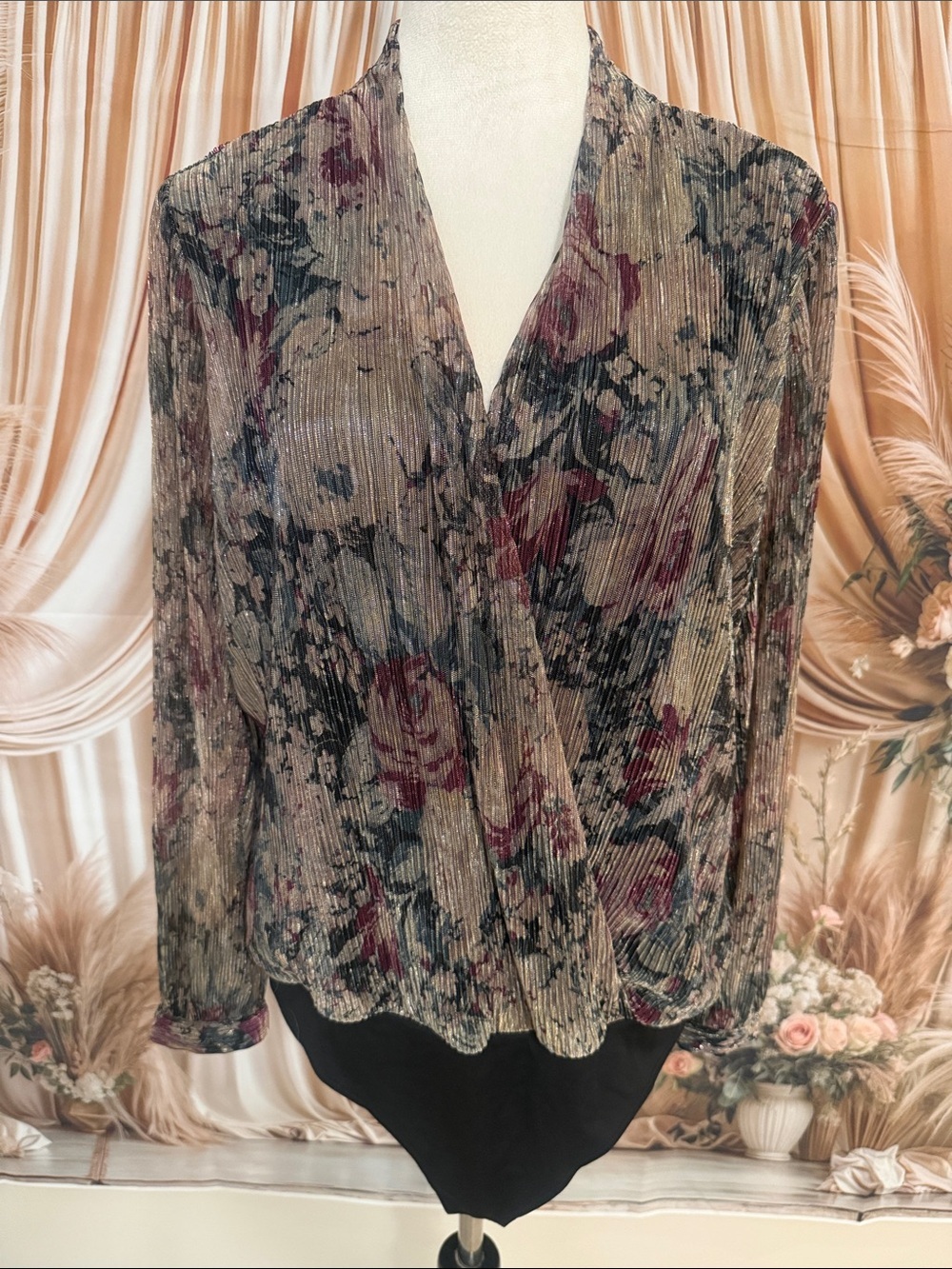 LC Lauren Conrad Metallic Floral Wrap Bodysuit - Burgundy, Black, Taupe